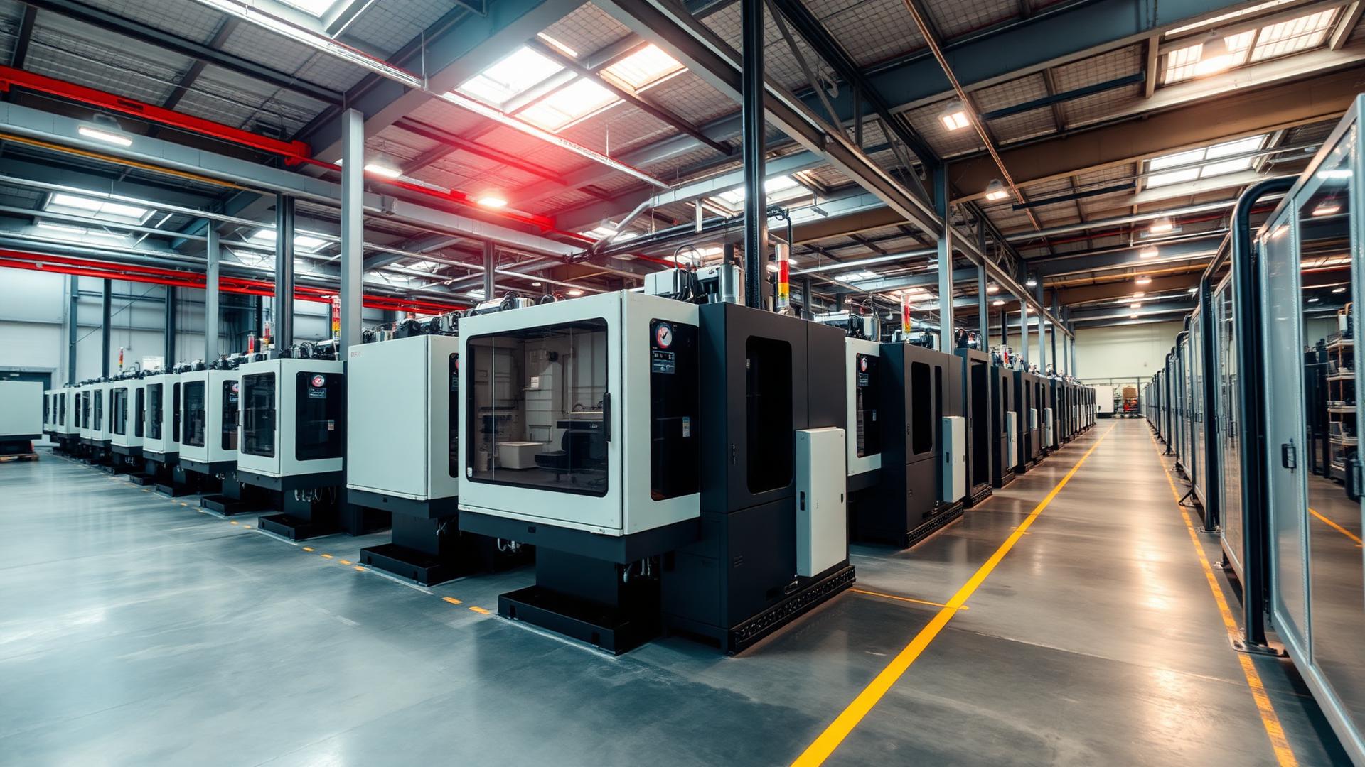 Injection molding production floor with presses running under plant lighting