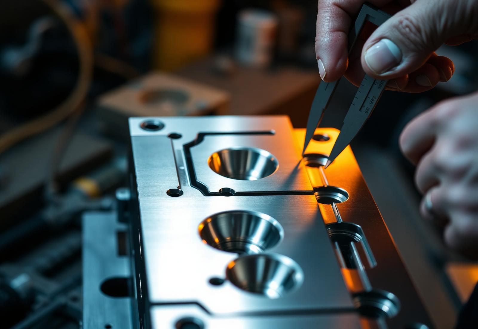 Injection mold tooling inspected on a manufacturing workbench